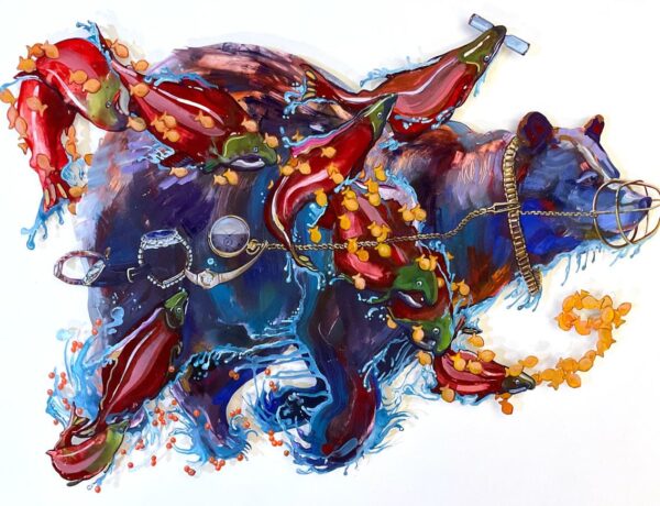 Oil painting of blue bear running by Joni Wildman