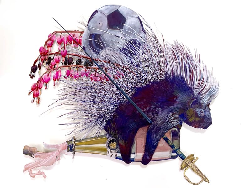 Oil painting of a porcupine riding a bottle of champagne by Joni Wildman